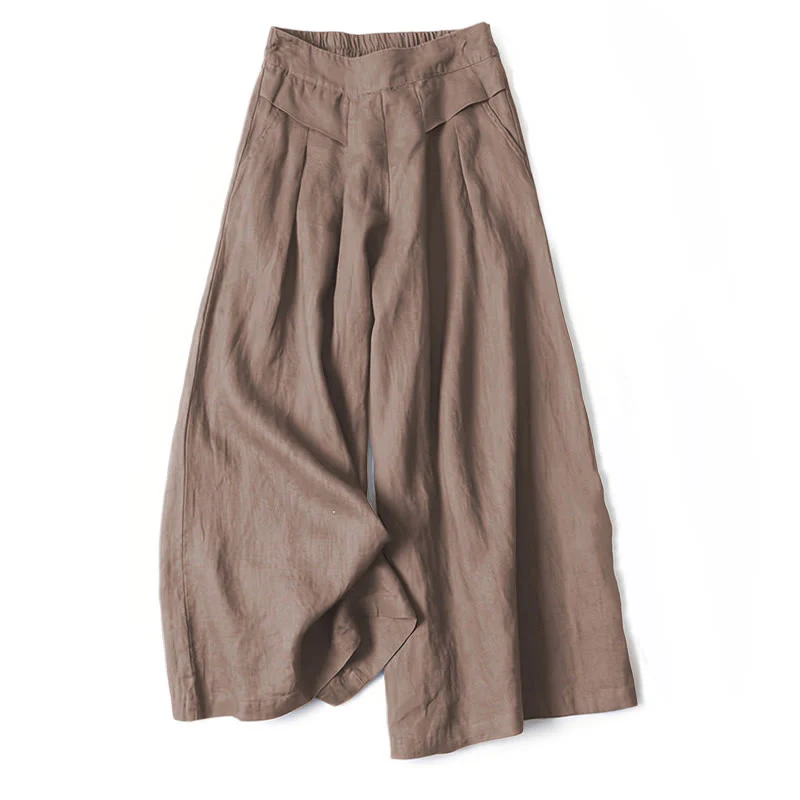 Pantaloni a gamba larga in cotone e lino tinta unita con vita alta e tasche Buddha Stones - Image 9