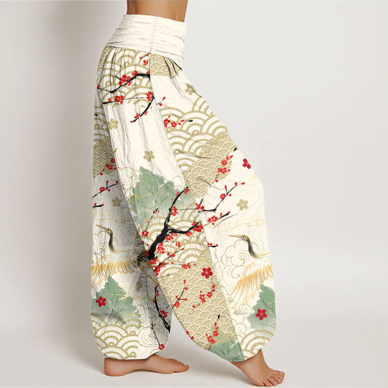 Pantaloni Buddha Stones in cotone con elastico in vita, motivo con gru, nuvole di buon auspicio e fiori, da donna - Image 10