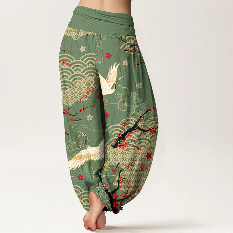 Pantaloni Buddha Stones in cotone con elastico in vita, motivo con gru, nuvole di buon auspicio e fiori, da donna - Image 6