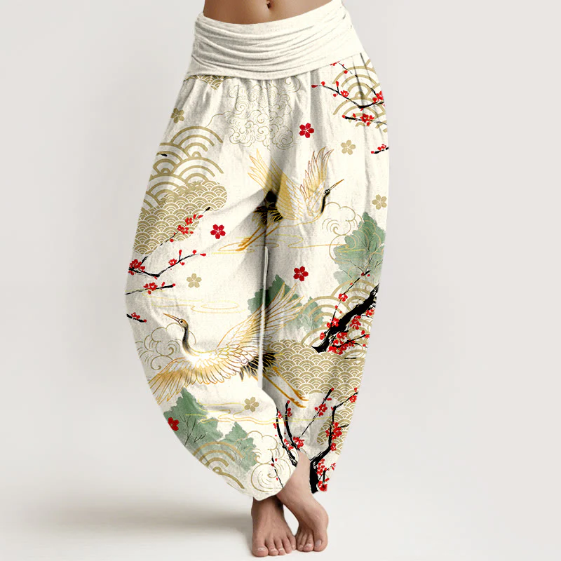 Pantaloni Buddha Stones in cotone con elastico in vita, motivo con gru, nuvole di buon auspicio e fiori, da donna - Image 9