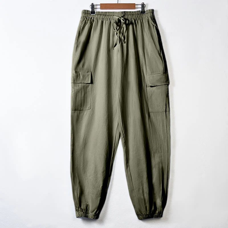 Pantaloni cargo da uomo in lino tinta unita con coulisse e tasche Buddha Stones - Image 29