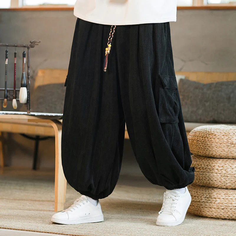 Pantaloni cargo in velluto a coste con coulisse e tasche da uomo Buddha Stones autunno inverno
