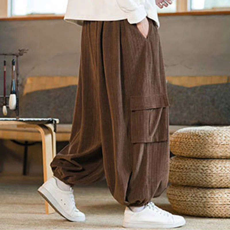 Pantaloni cargo in velluto a coste con coulisse e tasche da uomo Buddha Stones autunno inverno - Image 21
