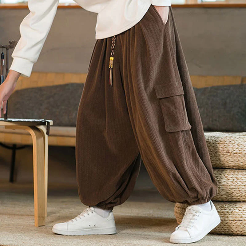 Pantaloni cargo in velluto a coste con coulisse e tasche da uomo Buddha Stones autunno inverno - Image 24