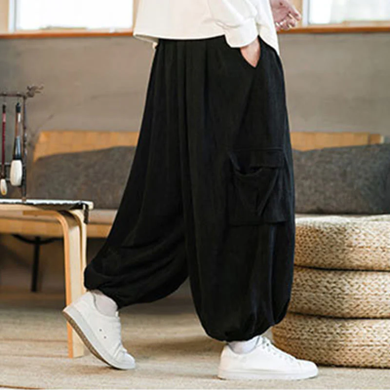 Pantaloni cargo in velluto a coste con coulisse e tasche da uomo Buddha Stones autunno inverno - Image 4