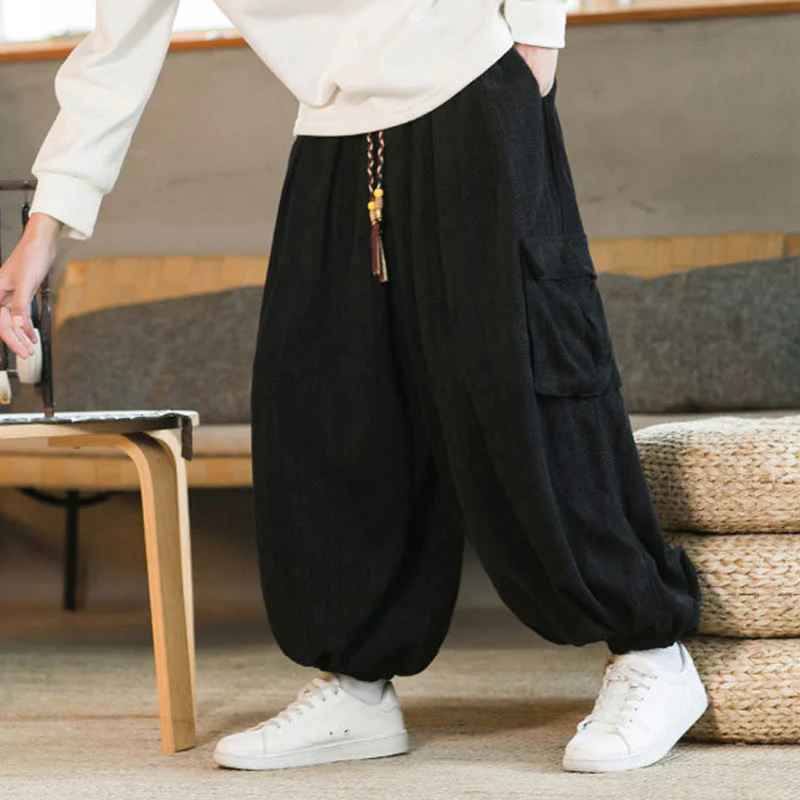 Pantaloni cargo in velluto a coste con coulisse e tasche da uomo Buddha Stones autunno inverno - Image 7