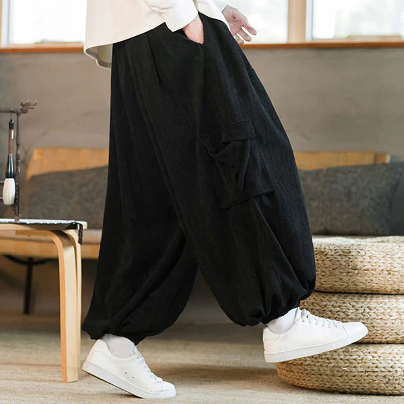 Pantaloni cargo in velluto a coste con coulisse e tasche da uomo Buddha Stones autunno inverno - Image 9