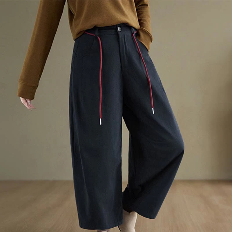 Pantaloni casual da donna Buddha Stones in cotone semplice, lunghezza 7-8, con tasche - Image 2
