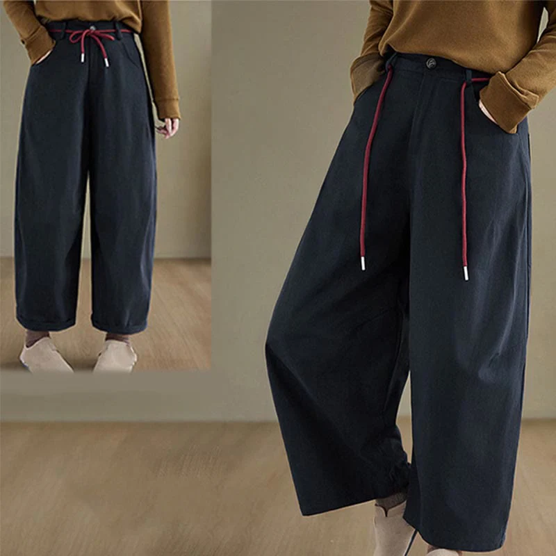 Pantaloni casual da donna Buddha Stones in cotone semplice, lunghezza 7-8, con tasche - Image 4