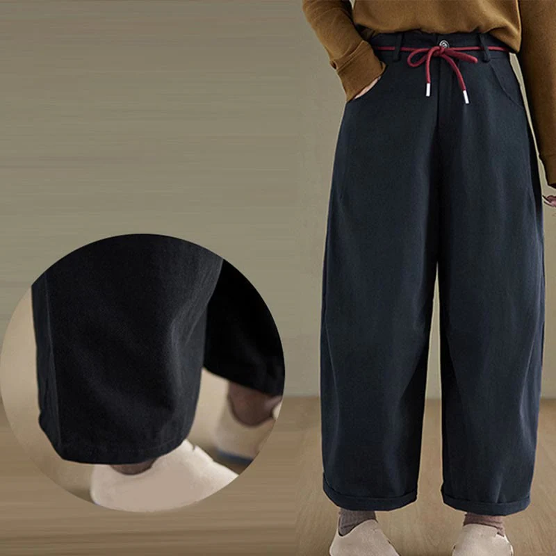 Pantaloni casual da donna Buddha Stones in cotone semplice, lunghezza 7-8, con tasche - Image 7