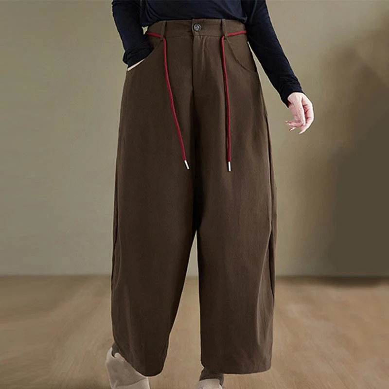 Pantaloni casual da donna Buddha Stones in cotone semplice, lunghezza 7-8, con tasche - Image 9