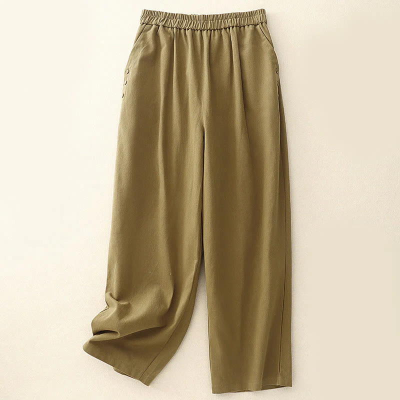 Pantaloni casual da donna in cotone e poliestere con bottoni automatici e tasche Buddha Stones