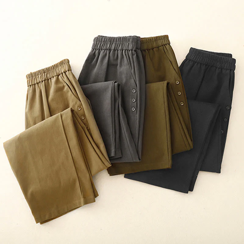 Pantaloni casual da donna in cotone e poliestere con bottoni automatici e tasche Buddha Stones - Image 17