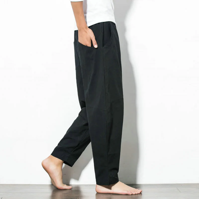 Pantaloni casual da uomo Buddha Stones in cotone tinta unita con coulisse e tasche - Image 18
