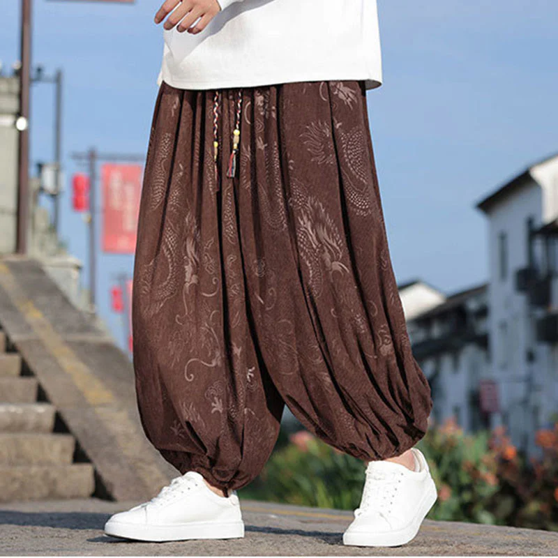 Pantaloni casual da uomo in cotone tinta unita con tasche e motivo a drago Buddha Stones