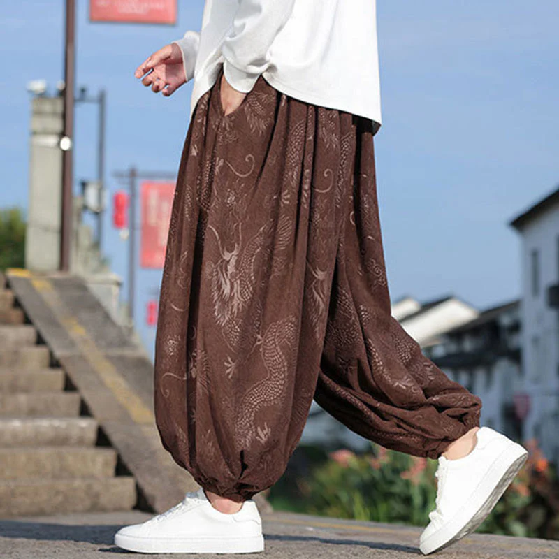 Pantaloni casual da uomo in cotone tinta unita con tasche e motivo a drago Buddha Stones - Image 2