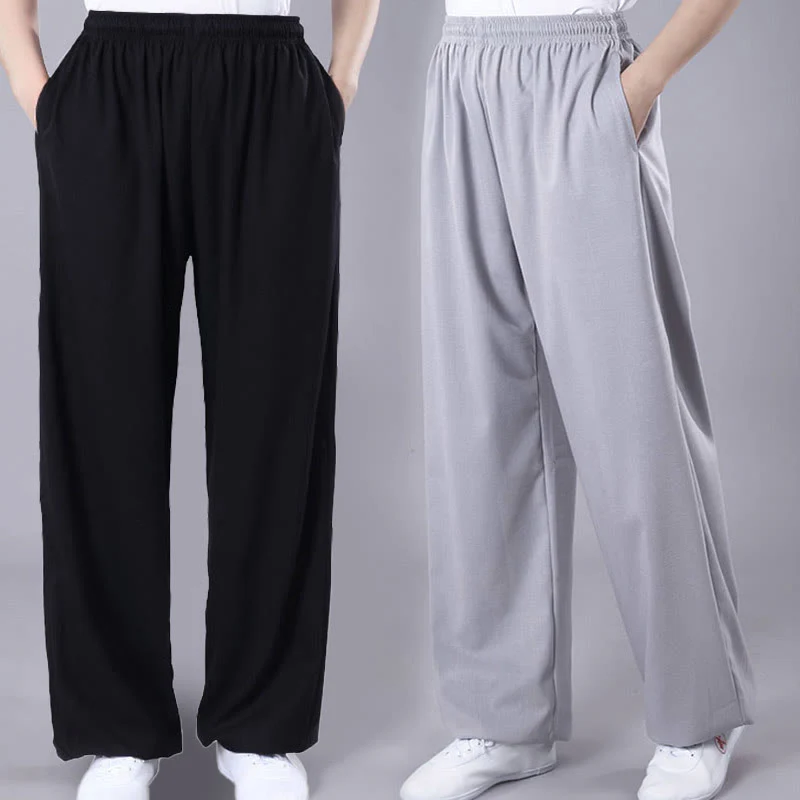 Pantaloni da allenamento in Buddha Stones e lino traspirante con tasche, unisex, estivi, elastici in vita, per Tai Chi e Qigong