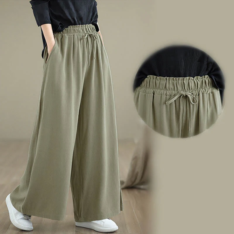 Pantaloni da donna Buddha Stones in cotone e lino con coulisse, colore puro, a gamba larga, alla caviglia, con tasche - Image 11