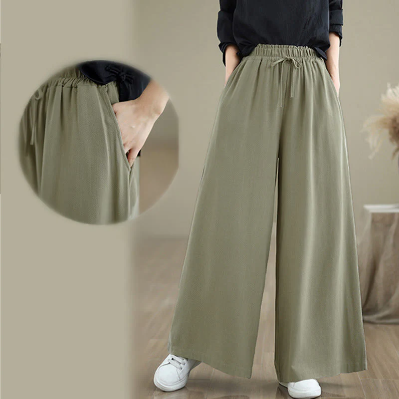 Pantaloni da donna Buddha Stones in cotone e lino con coulisse, colore puro, a gamba larga, alla caviglia, con tasche - Image 12