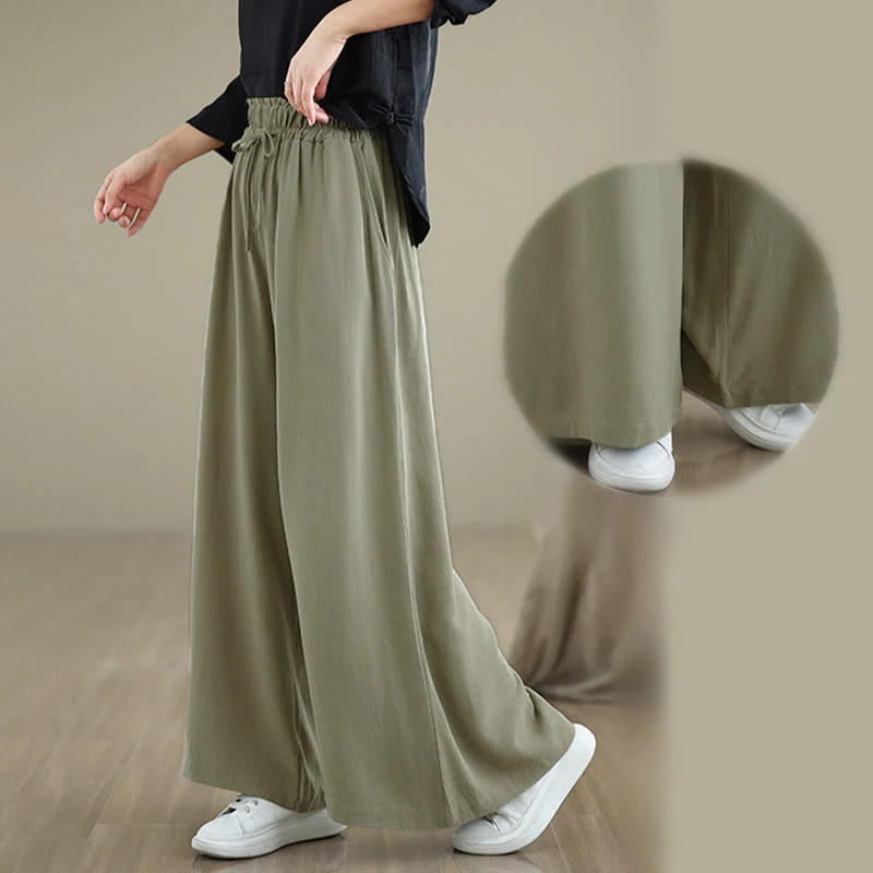 Pantaloni da donna Buddha Stones in cotone e lino con coulisse, colore puro, a gamba larga, alla caviglia, con tasche - Image 13