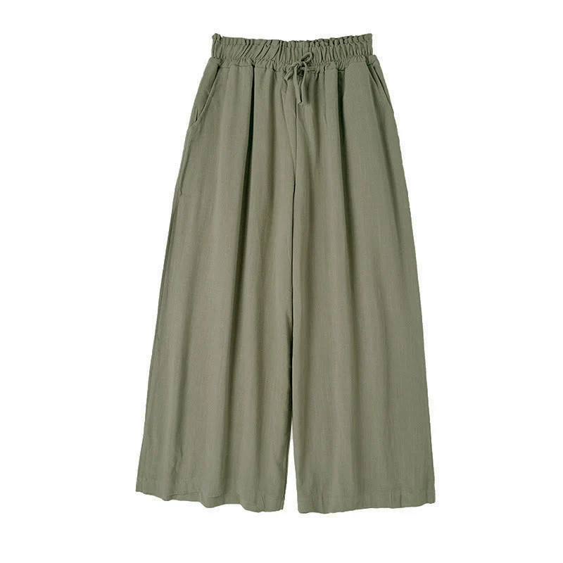 Pantaloni da donna Buddha Stones in cotone e lino con coulisse, colore puro, a gamba larga, alla caviglia, con tasche - Image 15