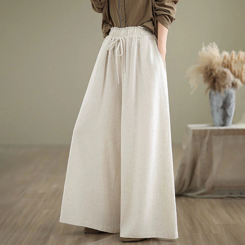 Pantaloni da donna Buddha Stones in cotone e lino con coulisse, colore puro, a gamba larga, alla caviglia, con tasche - Image 17