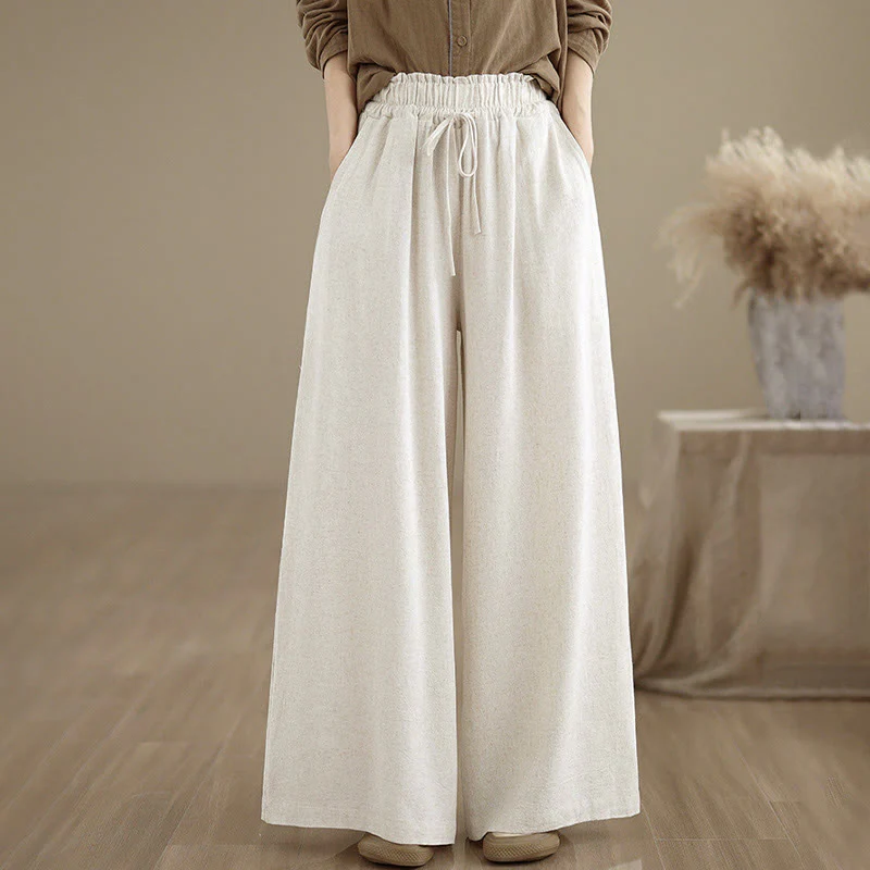 Pantaloni da donna Buddha Stones in cotone e lino con coulisse, colore puro, a gamba larga, alla caviglia, con tasche - Image 18