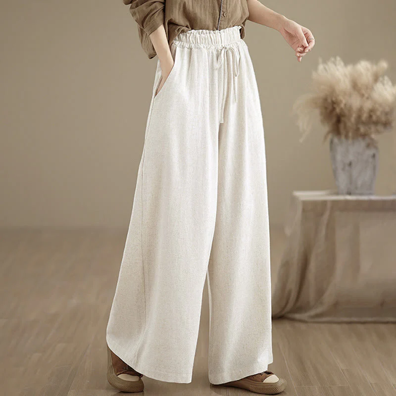 Pantaloni da donna Buddha Stones in cotone e lino con coulisse, colore puro, a gamba larga, alla caviglia, con tasche - Image 19