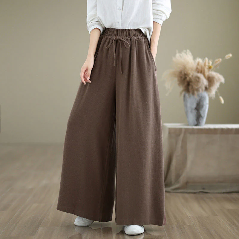 Pantaloni da donna Buddha Stones in cotone e lino con coulisse, colore puro, a gamba larga, alla caviglia, con tasche - Image 22