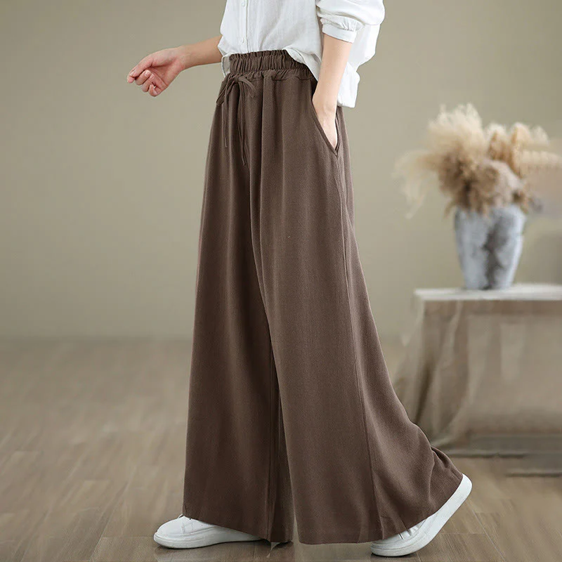 Pantaloni da donna Buddha Stones in cotone e lino con coulisse, colore puro, a gamba larga, alla caviglia, con tasche - Image 25