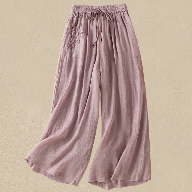 Pantaloni da donna in cotone a gamba larga con coulisse e ricamo Buddha Stones Commute, con tasche - Image 33