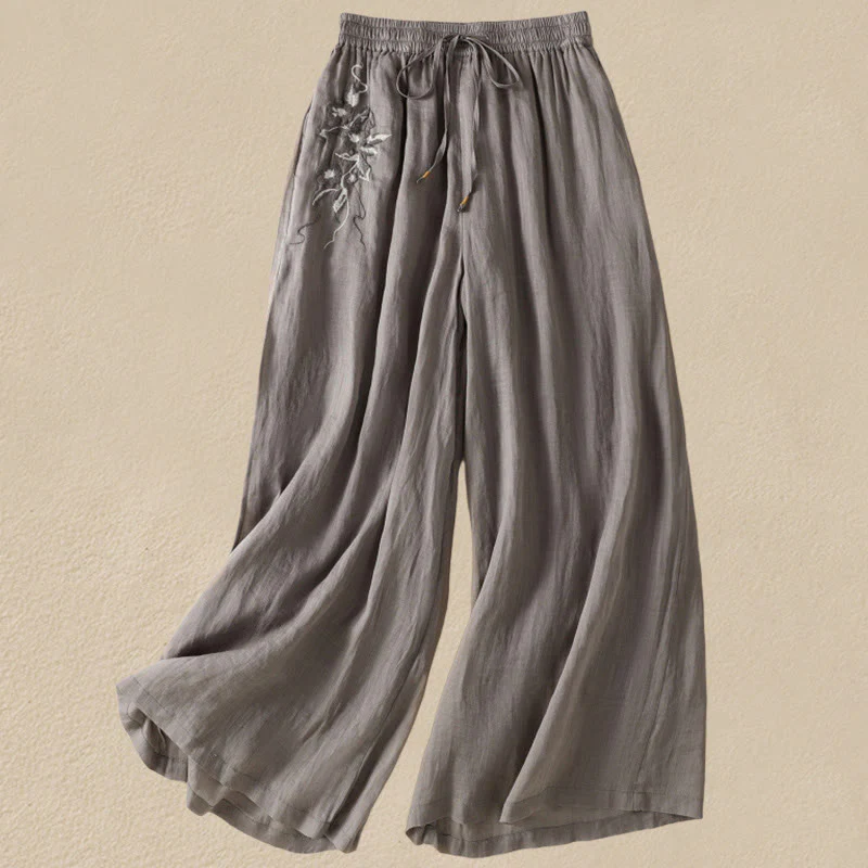 Pantaloni da donna in cotone a gamba larga con coulisse e ricamo Buddha Stones Commute, con tasche - Image 43