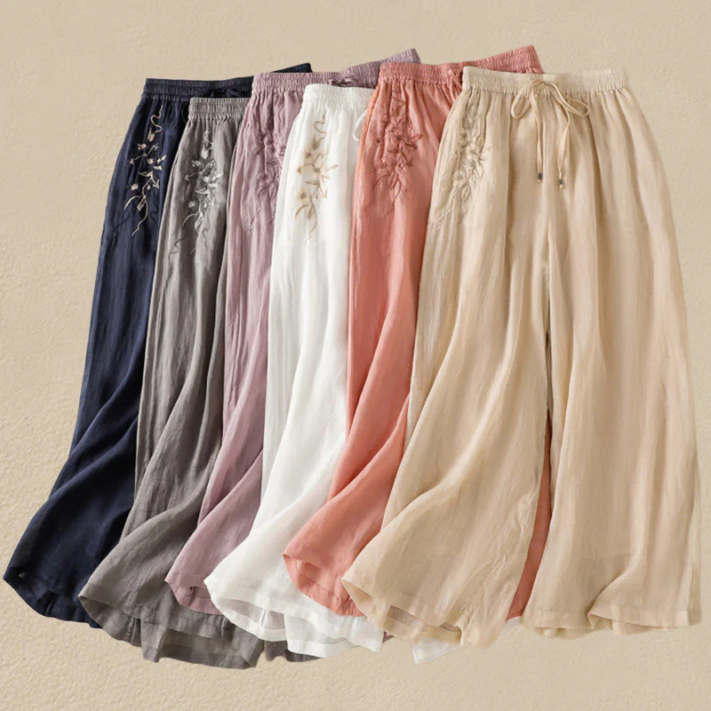 Pantaloni da donna in cotone a gamba larga con coulisse e ricamo Buddha Stones Commute, con tasche - Image 50