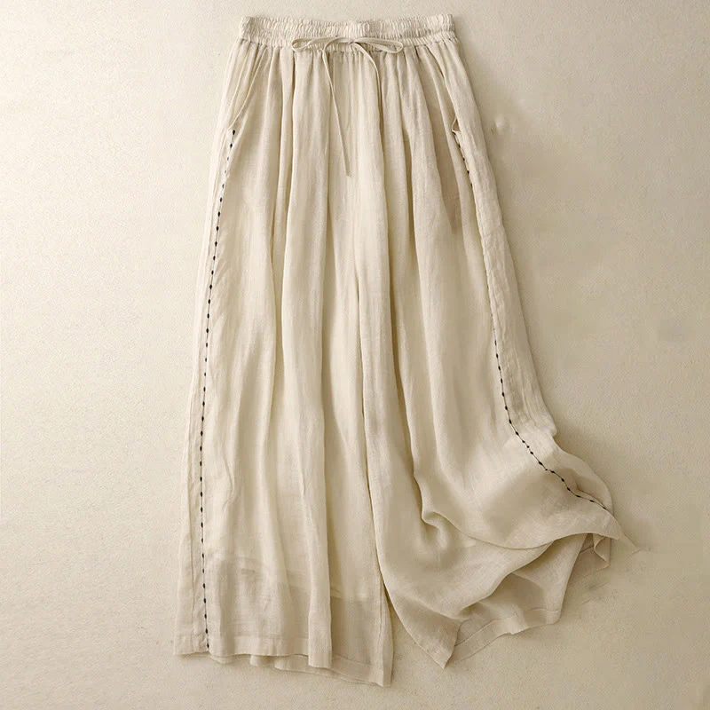 Pantaloni da donna in cotone a gamba larga con tasche, lunghezza alla caviglia, con coulisse e ricamo tinta unita Buddha Stones Commute