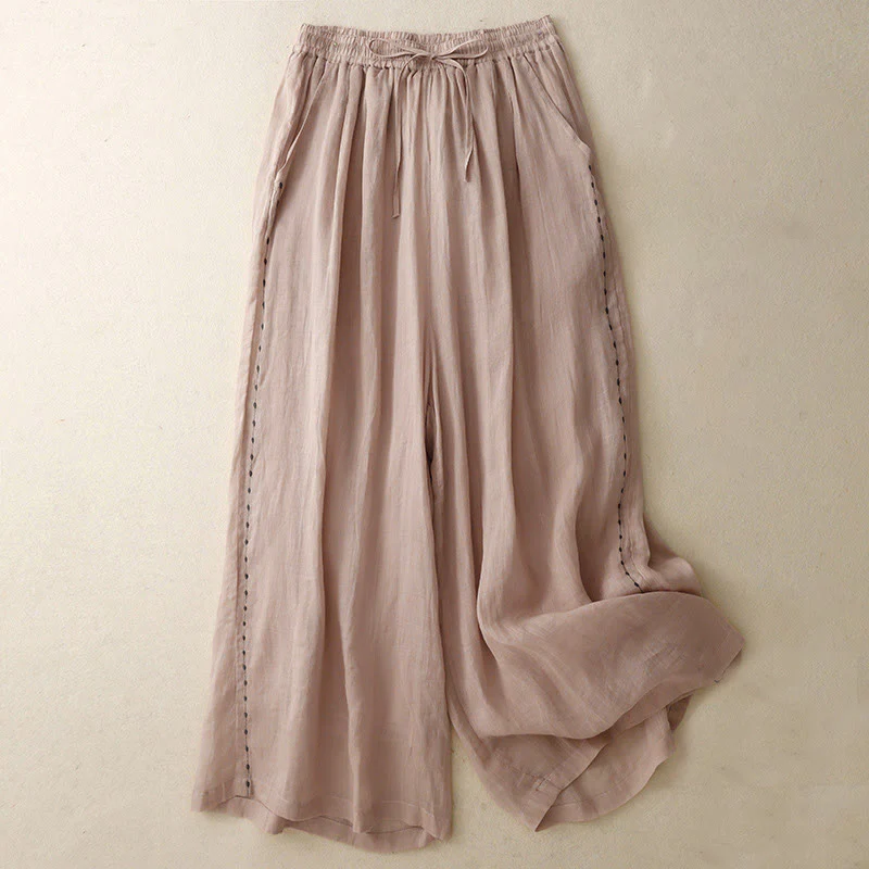 Pantaloni da donna in cotone a gamba larga con tasche, lunghezza alla caviglia, con coulisse e ricamo tinta unita Buddha Stones Commute - Image 13