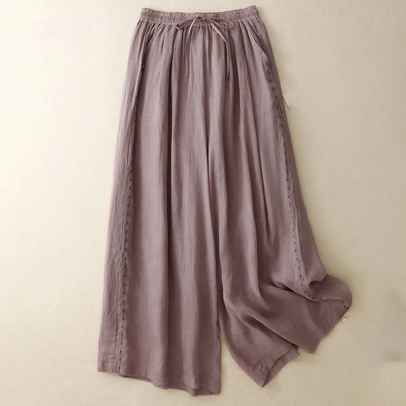 Pantaloni da donna in cotone a gamba larga con tasche, lunghezza alla caviglia, con coulisse e ricamo tinta unita Buddha Stones Commute - Image 17