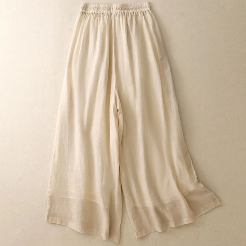 Pantaloni da donna in cotone a gamba larga con tasche, lunghezza alla caviglia, con coulisse e ricamo tinta unita Buddha Stones Commute - Image 2