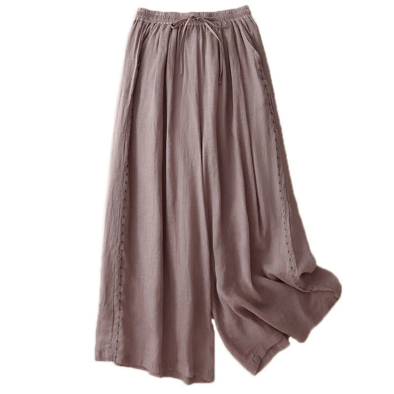 Pantaloni da donna in cotone a gamba larga con tasche, lunghezza alla caviglia, con coulisse e ricamo tinta unita Buddha Stones Commute - Image 20