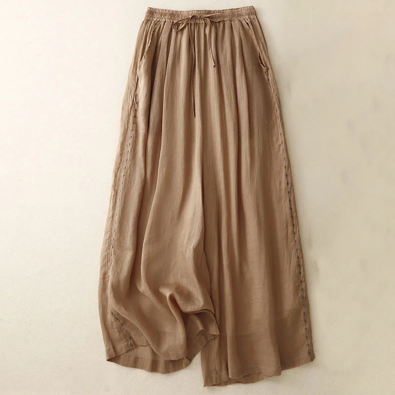 Pantaloni da donna in cotone a gamba larga con tasche, lunghezza alla caviglia, con coulisse e ricamo tinta unita Buddha Stones Commute - Image 21