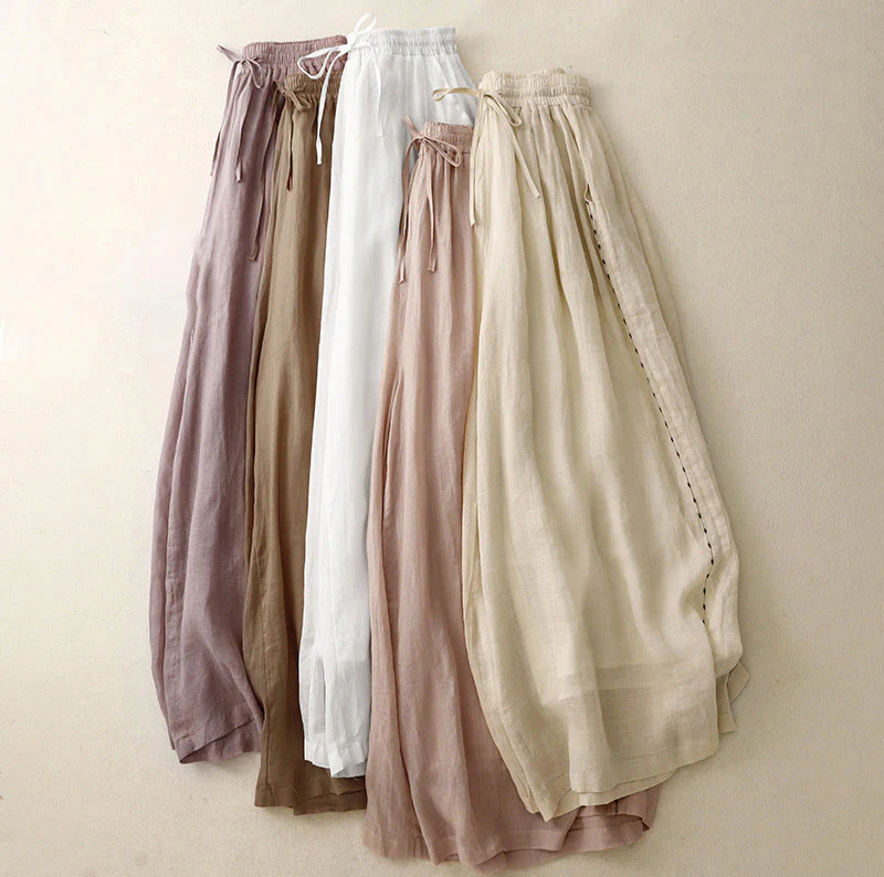 Pantaloni da donna in cotone a gamba larga con tasche, lunghezza alla caviglia, con coulisse e ricamo tinta unita Buddha Stones Commute - Image 24