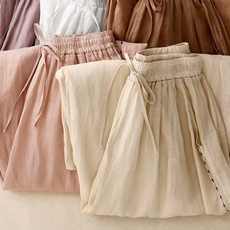 Pantaloni da donna in cotone a gamba larga con tasche, lunghezza alla caviglia, con coulisse e ricamo tinta unita Buddha Stones Commute - Image 25