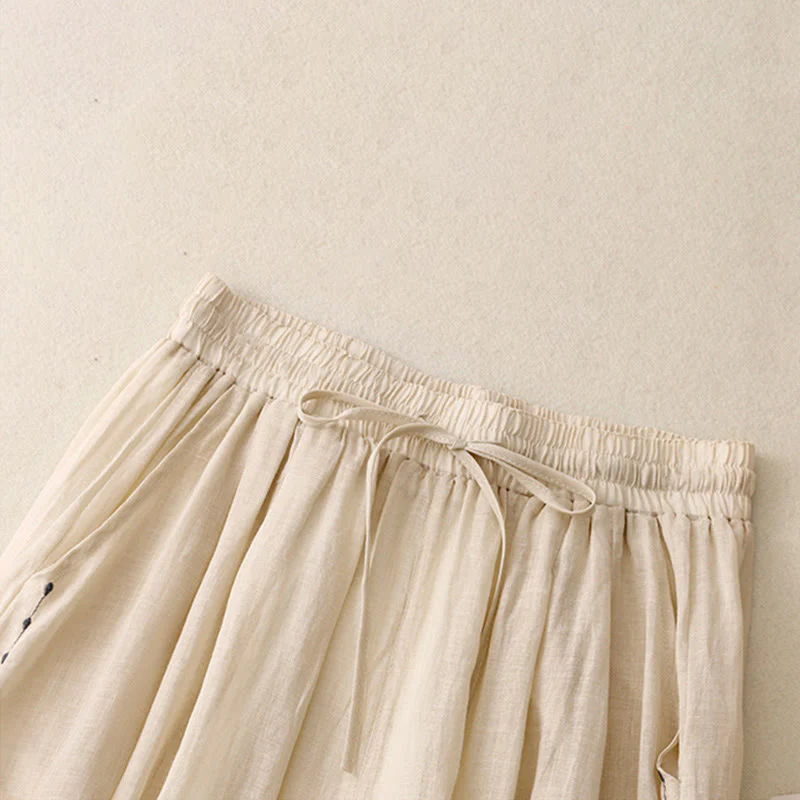 Pantaloni da donna in cotone a gamba larga con tasche, lunghezza alla caviglia, con coulisse e ricamo tinta unita Buddha Stones Commute - Image 3