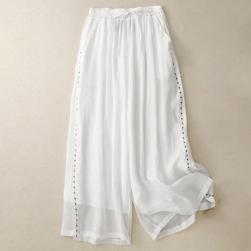 Pantaloni da donna in cotone a gamba larga con tasche, lunghezza alla caviglia, con coulisse e ricamo tinta unita Buddha Stones Commute - Image 9