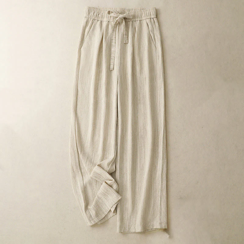 Pantaloni da donna in cotone a gamba larga con tasche, modello Buddha Stones, casual, estivi, con lacci e texture.