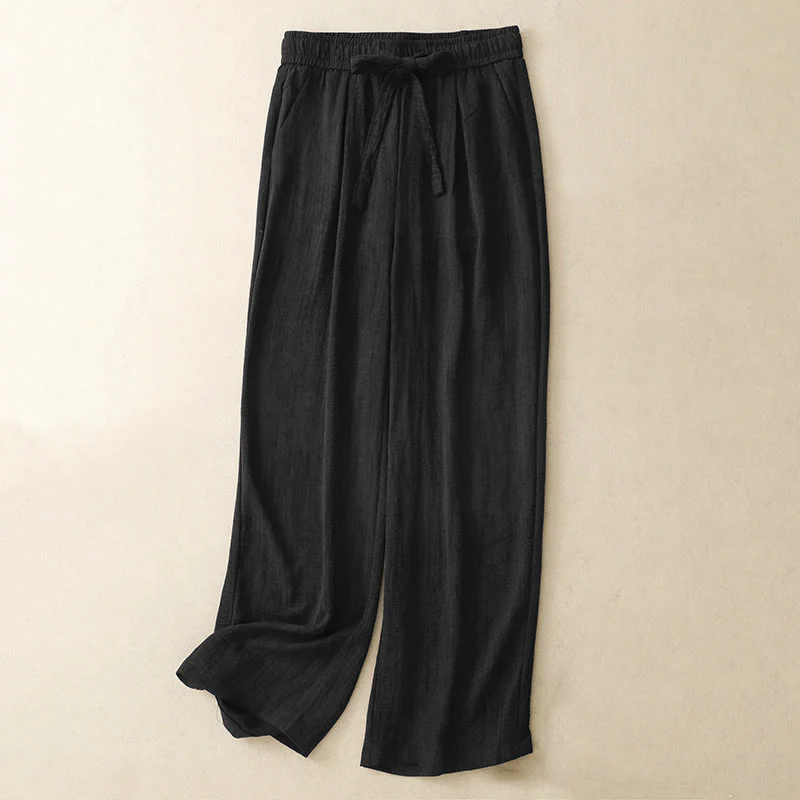 Pantaloni da donna in cotone a gamba larga con tasche, modello Buddha Stones, casual, estivi, con lacci e texture. - Image 8