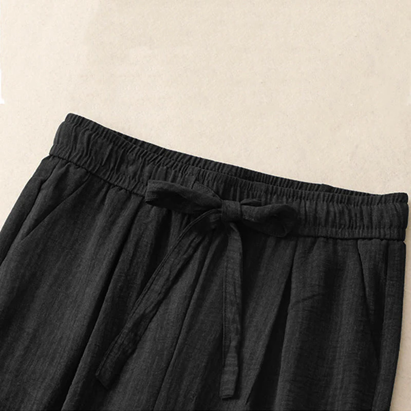 Pantaloni da donna in cotone a gamba larga con tasche, modello Buddha Stones, casual, estivi, con lacci e texture. - Image 9