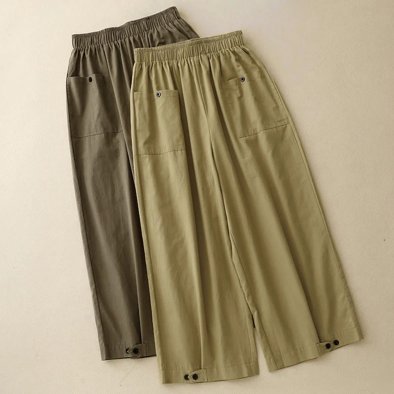 Pantaloni da donna in cotone a gamba larga con tasche, modello Buddha Stones, casual, vintage, tinta unita, con bottoni - Image 15