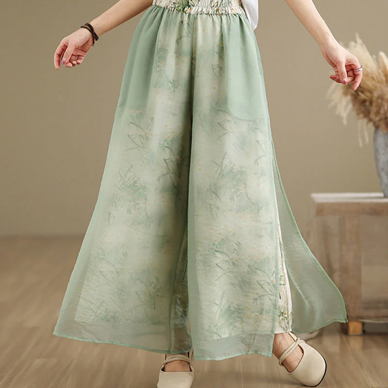Pantaloni da donna in cotone a gamba larga con tasche, stampa vintage primaverile con motivo a piante, design a doppio strato, Buddha Stones