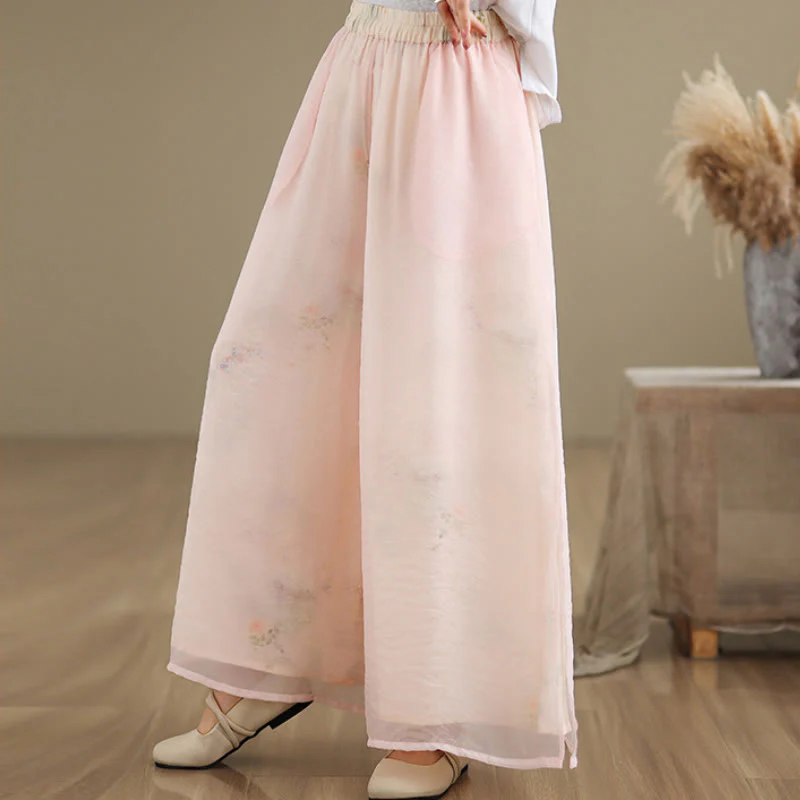 Pantaloni da donna in cotone a gamba larga con tasche, stampa vintage primaverile con motivo a piante, design a doppio strato, Buddha Stones - Image 13