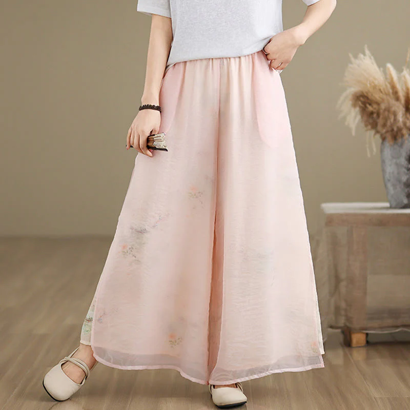 Pantaloni da donna in cotone a gamba larga con tasche, stampa vintage primaverile con motivo a piante, design a doppio strato, Buddha Stones - Image 14